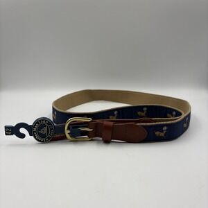 Leather Man Ltd. Ribbon Belt Mens‎ 42 Blue Deer Embroidered Brass Buckle Golf